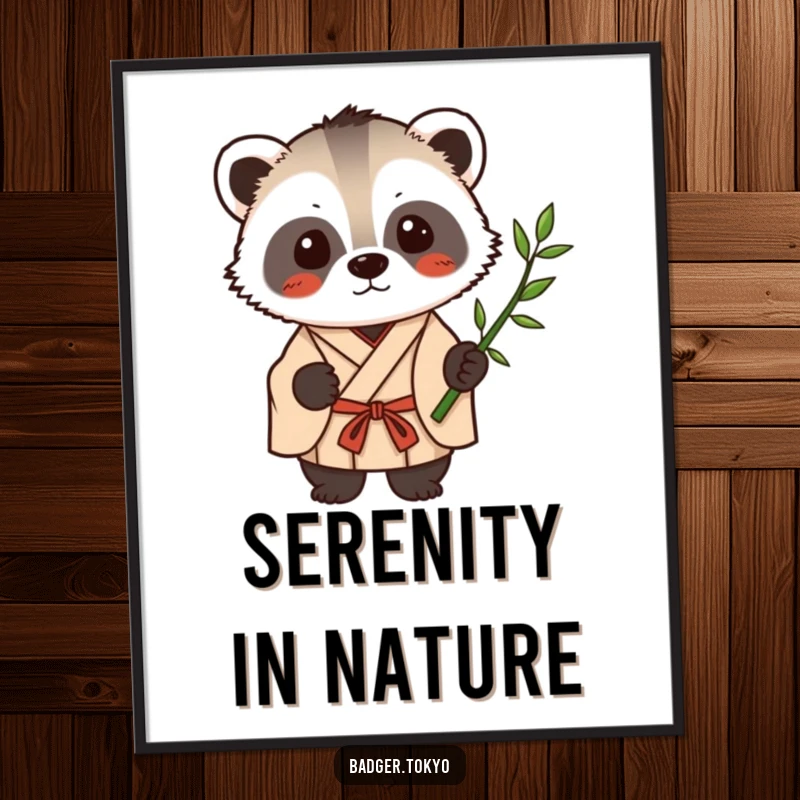 Funny Kawaii badger in a simple kimono holding a single bamboo stalk, a humorous and tranquil digital art download.