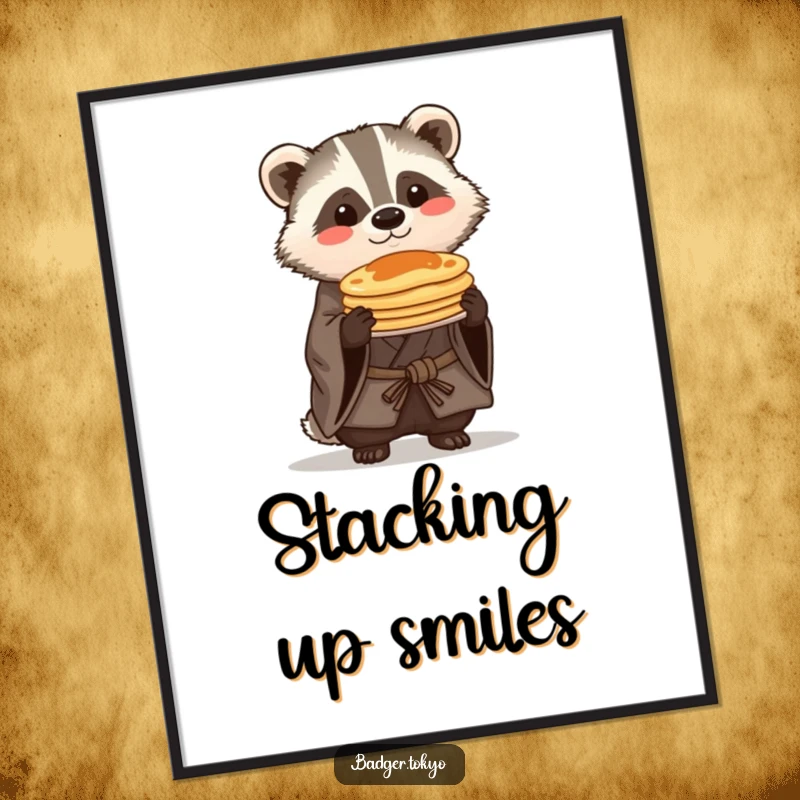 Funny Kawaii badger in a rustic kimono proudly balancing a small stack of pancakes, a humorous and appetizing digital art download.