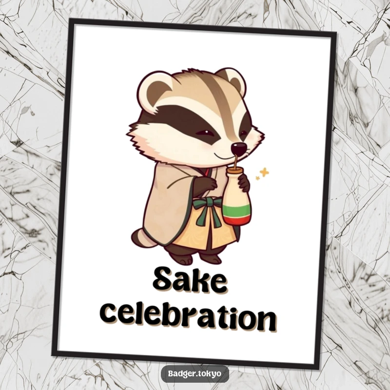 Funny digital art print of a badger in an ornate kimono playfully tipping a small sake flask, offering instant humorous and festive decor.