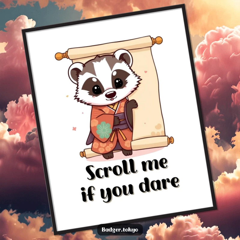 Funny Kawaii badger in a colorful kimono peeking playfully from behind a large scroll, a whimsical and humorous digital art download.