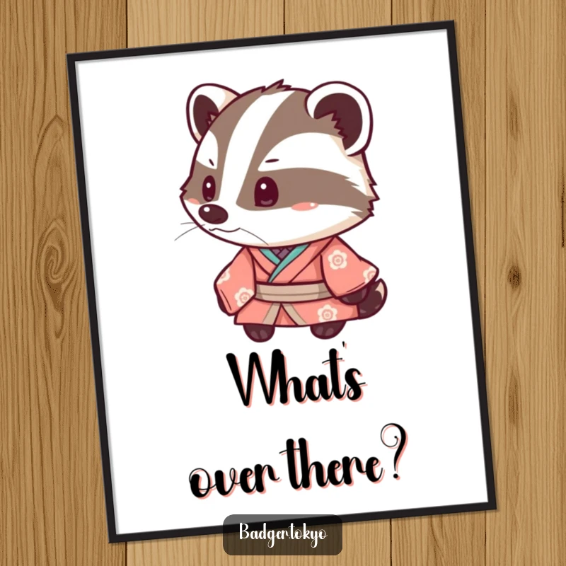 Funny Kawaii Badger Kimono Digital Art Print, badger tipping head inquisitively, cute, whimsical, instant download, perfect funny gift.