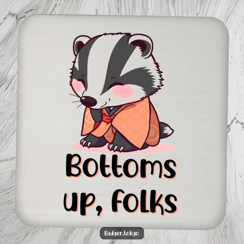 Funny Coaster: A badger in a patterned kimono bows low, adding polite charm to your table.
