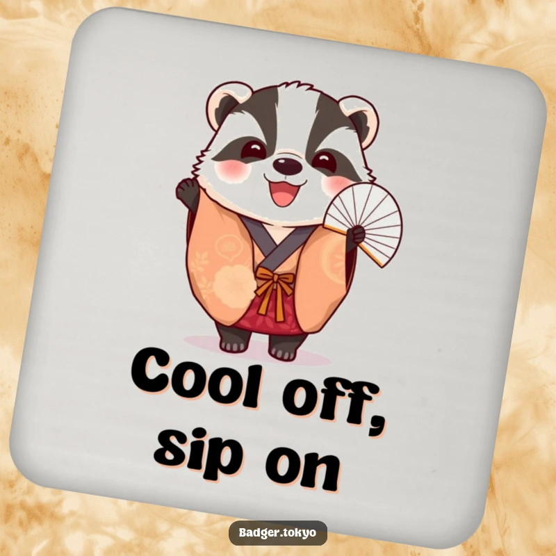 Funny Coaster: A vibrant kimono-clad badger cheerfully holds a fan, adding fun to your table.