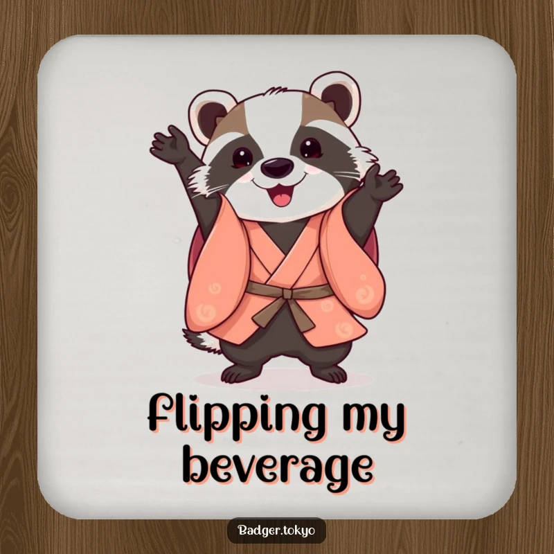 Funny Somersault Badger Kimono Coaster, badger performing playful somersault, agile, table protection, dynamic, perfect funny gift.