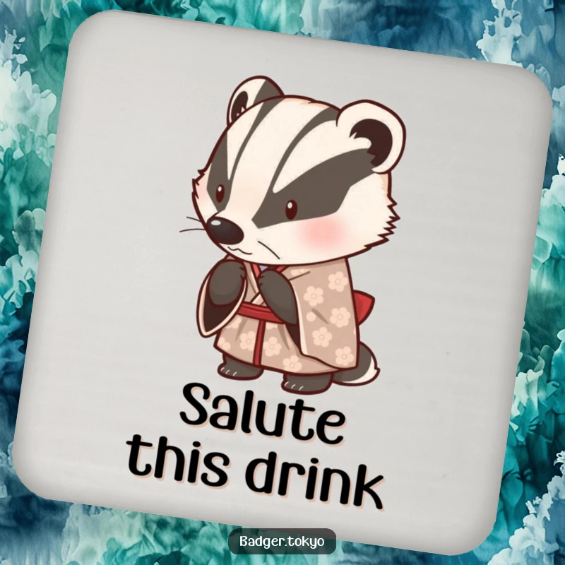 Funny drink coasters featuring a cute badger in a patterned kimono, bowing politely, protecting surfaces with humorous style.