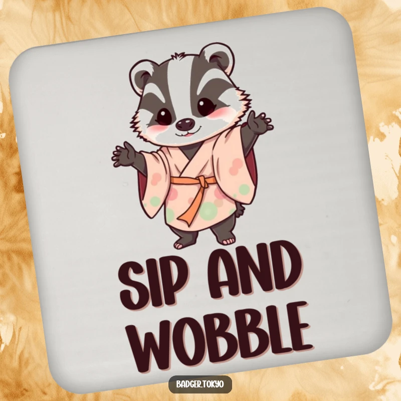 Funny drink coasters with a badger in a flowing kimono striking a playful, wobbly pose, offering humorous protection.
