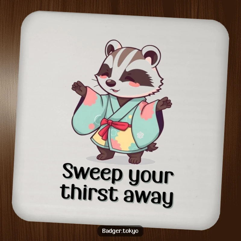 Funny Kawaii badger in a vibrant kimono performing a gentle sweeping motion, a humorous and protective drink coaster.