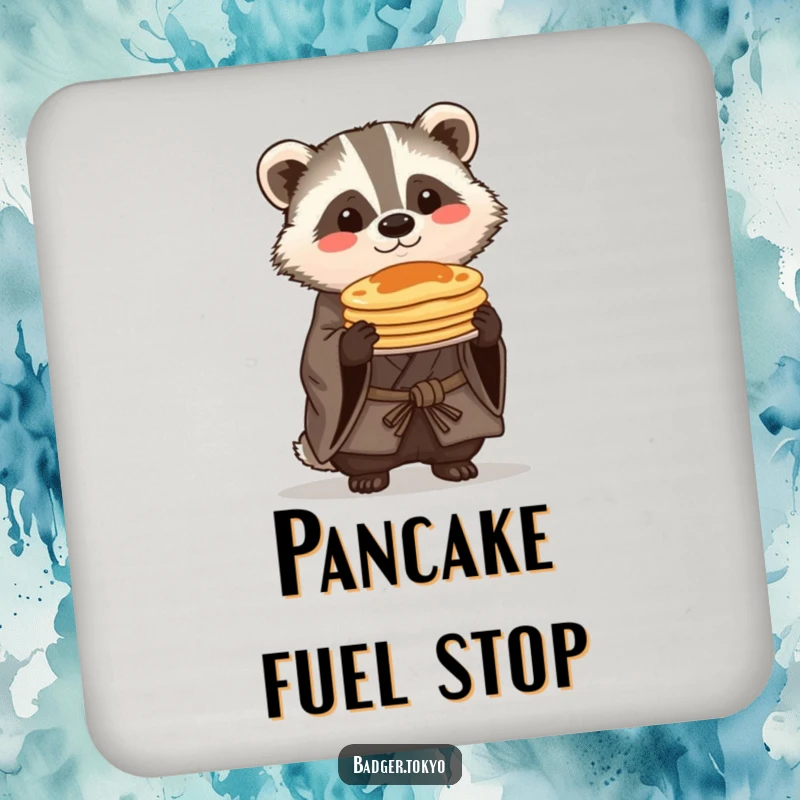 Funny Kawaii badger in a rustic kimono proudly balancing a small stack of pancakes, a humorous and protective drink coaster.