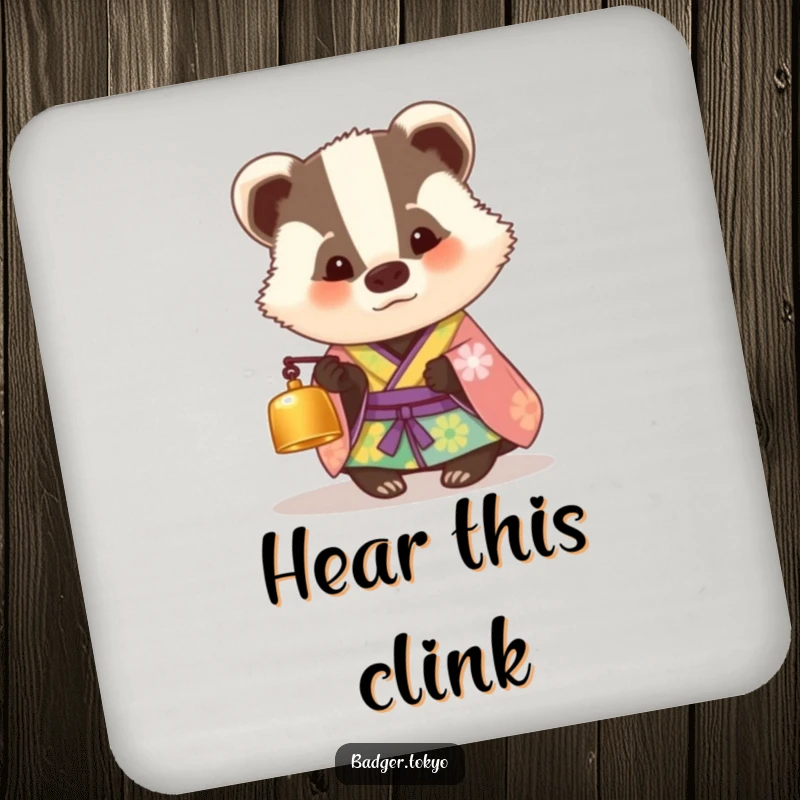 Funny drink coasters with a badger in a colorful kimono looking curiously at a tiny bell, offering humorous protection.