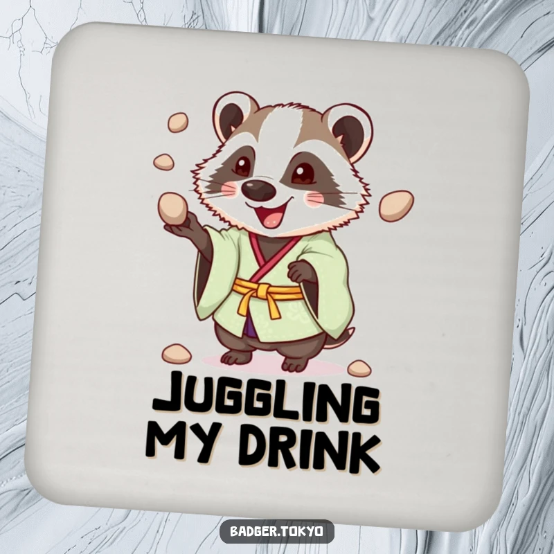 Funny Juggling Badger Kimono Coaster, badger enthusiastically juggling pebbles, cheerful, table protection, fun, perfect funny gift.