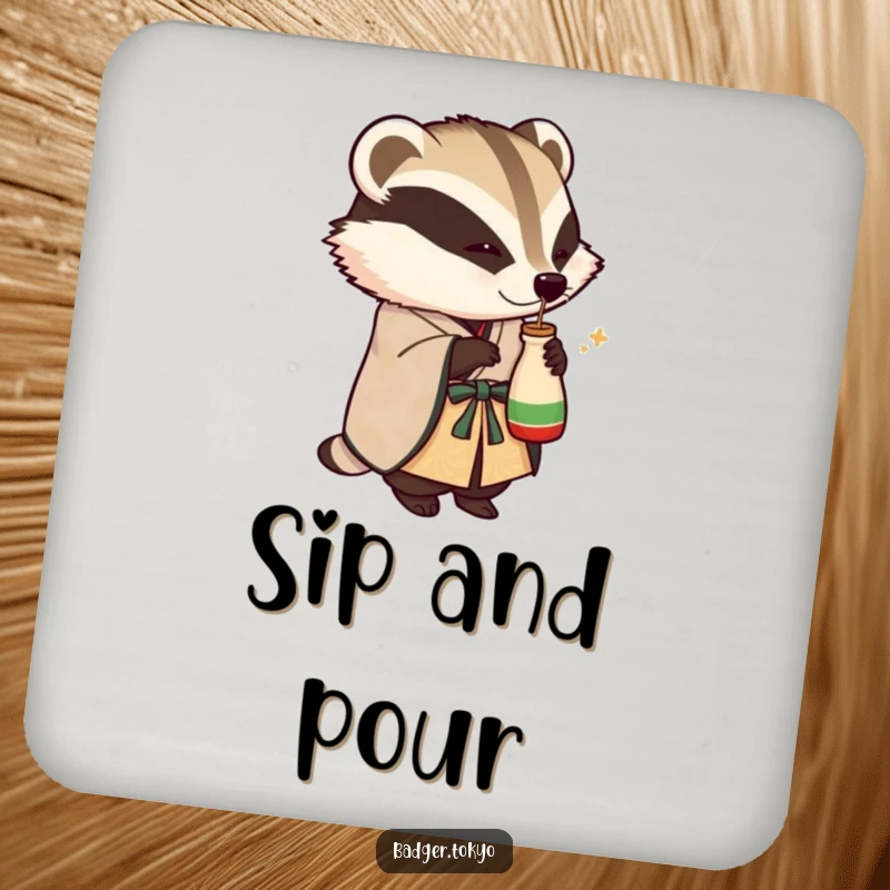 Funny drink coasters with a badger in an ornate kimono playfully tipping a small sake flask, offering humorous festive protection.