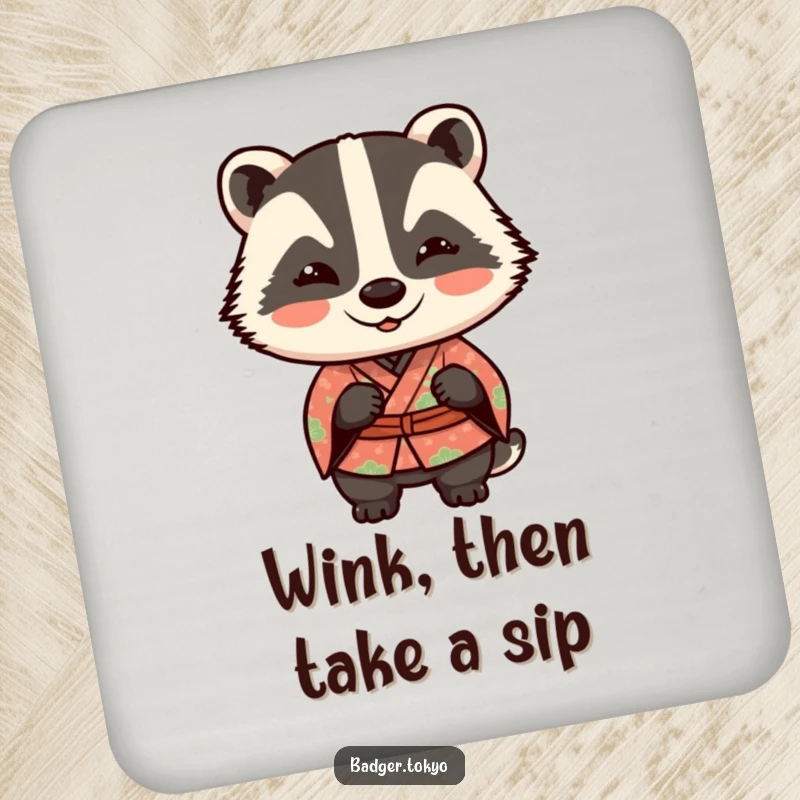 Funny Kawaii badger in a patterned kimono giving a playful wink, a humorous and protective drink coaster.