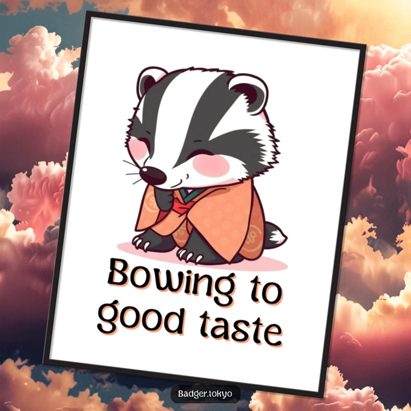 Funny Poster: A badger in a patterned kimono performs a joyful, low bow, creating serene wall art.
