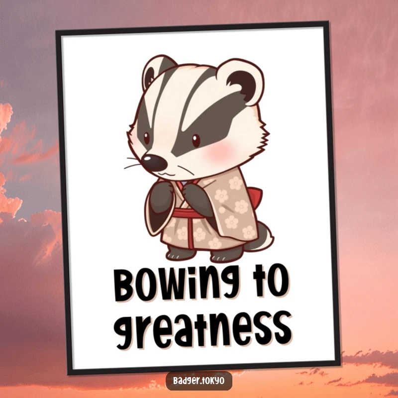 Funny poster print of a cute badger in a patterned kimono, bowing politely, adding humorous and respectful wall art.