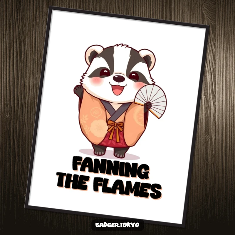 Funny Poster: A badger in a colorful kimono cheerfully holds an open fan, creating dynamic wall art.