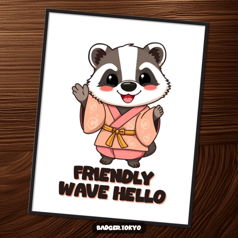 Funny Happy Badger Kimono Poster, badger waving friendly, cheerful art, welcoming, vibrant, perfect funny gift.