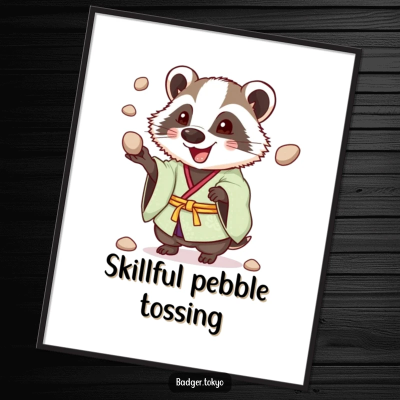 Funny Juggling Badger Kimono Poster, badger enthusiastically juggling pebbles, cheerful, energetic art, delightful, perfect funny gift.
