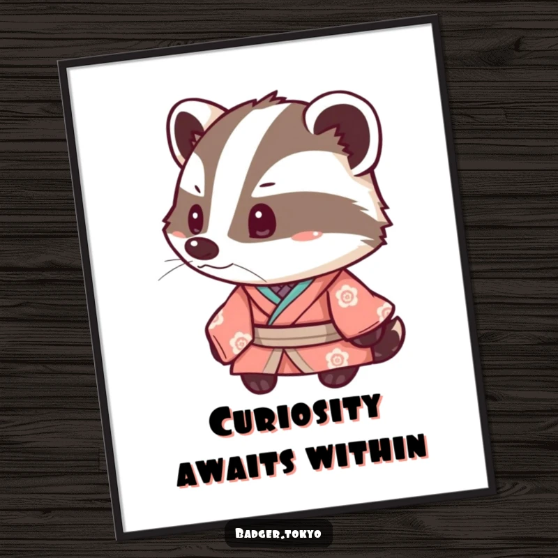 Funny Kawaii Badger Kimono Poster, badger tipping head inquisitively, cute art, whimsical decor, perfect funny gift.