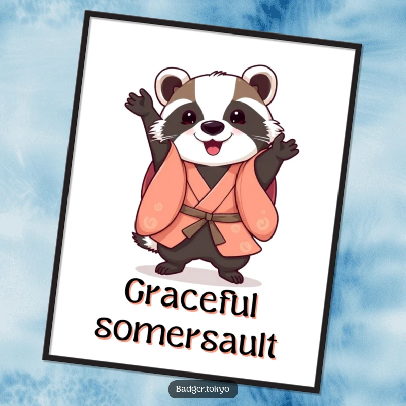 Funny Somersault Badger Kimono Poster, badger performing playful somersault, agile art, dynamic, energetic, perfect funny gift.