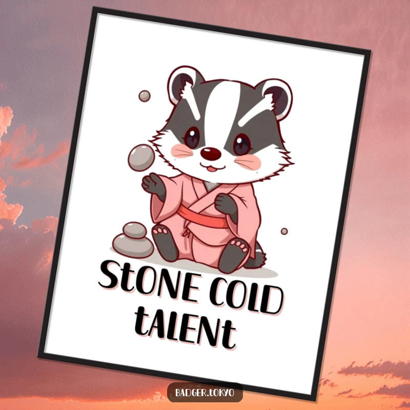 Funny Poster: A badger in a simple kimono is playfully juggling smooth stones, creating dynamic wall art.