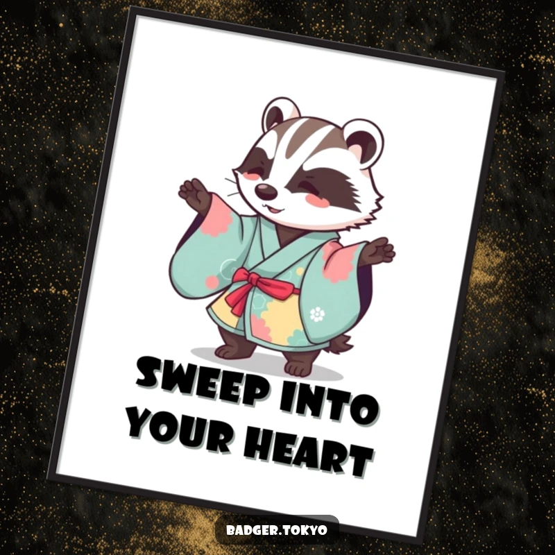 Funny Kawaii badger in a vibrant kimono doing a gentle sweeping motion, a delightful and humorous art print.