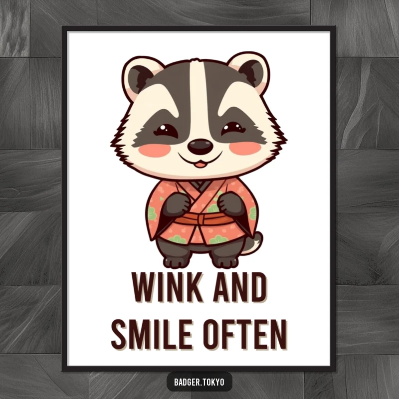 Funny Kawaii badger in a patterned kimono giving a playful wink, a humorous and captivating art print.