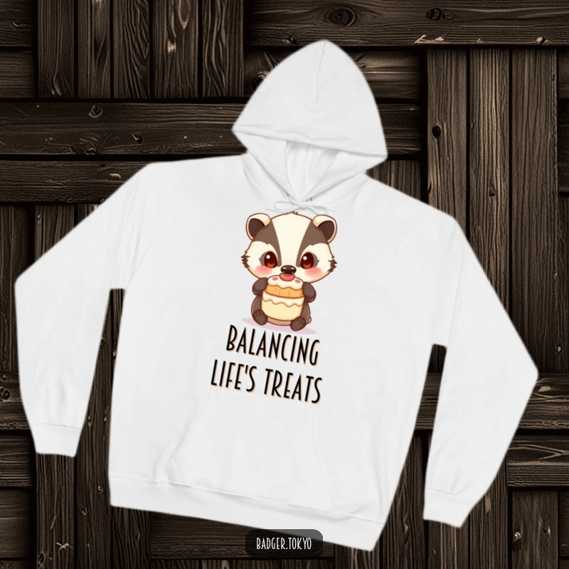 Funny Hoodie: A badger with curious eyes is balancing a small cake, offering cozy humor.