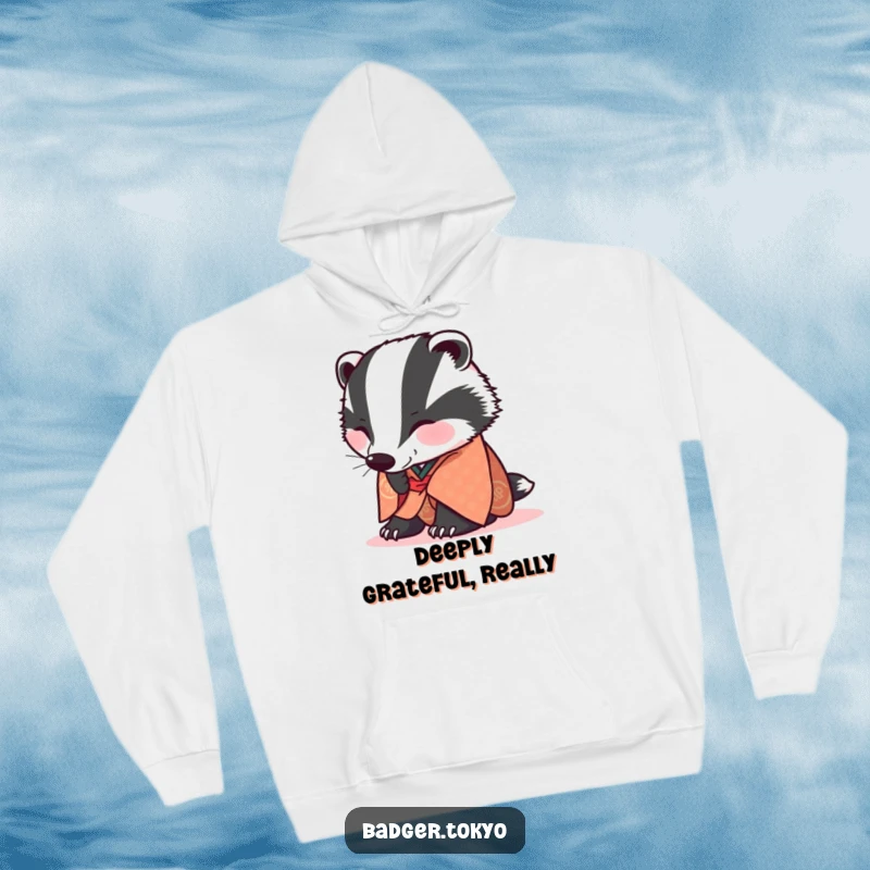 Funny Hoodie: A badger in a patterned kimono offers a joyful, low bow, radiating politeness.