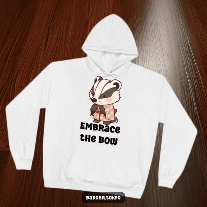 Funny hoodie showcasing a cute badger in a patterned kimono, bowing politely, offering warmth and a humorous, respectful vibe.
