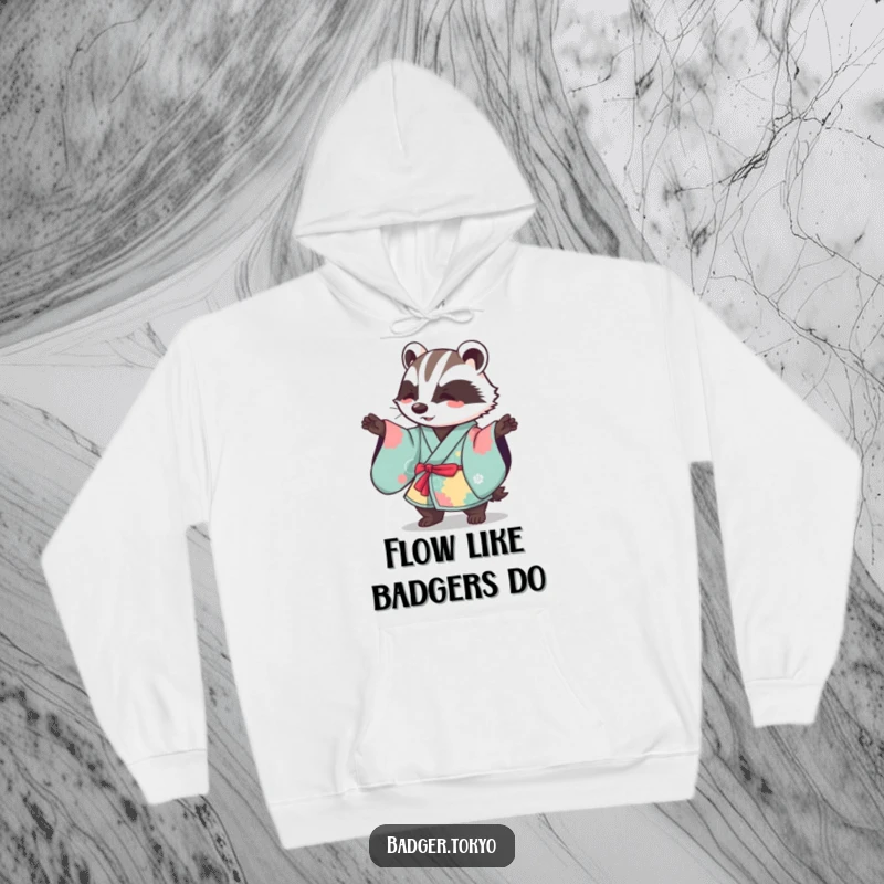 Funny Kawaii badger in a vibrant kimono performing a gentle sweeping motion, a cozy and humorous hoodie design.