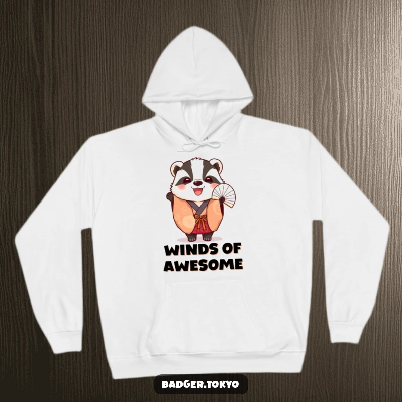 Funny Hoodie: A vibrant kimono-clad badger cheerfully holds a fan, offering warmth and festive spirit.
