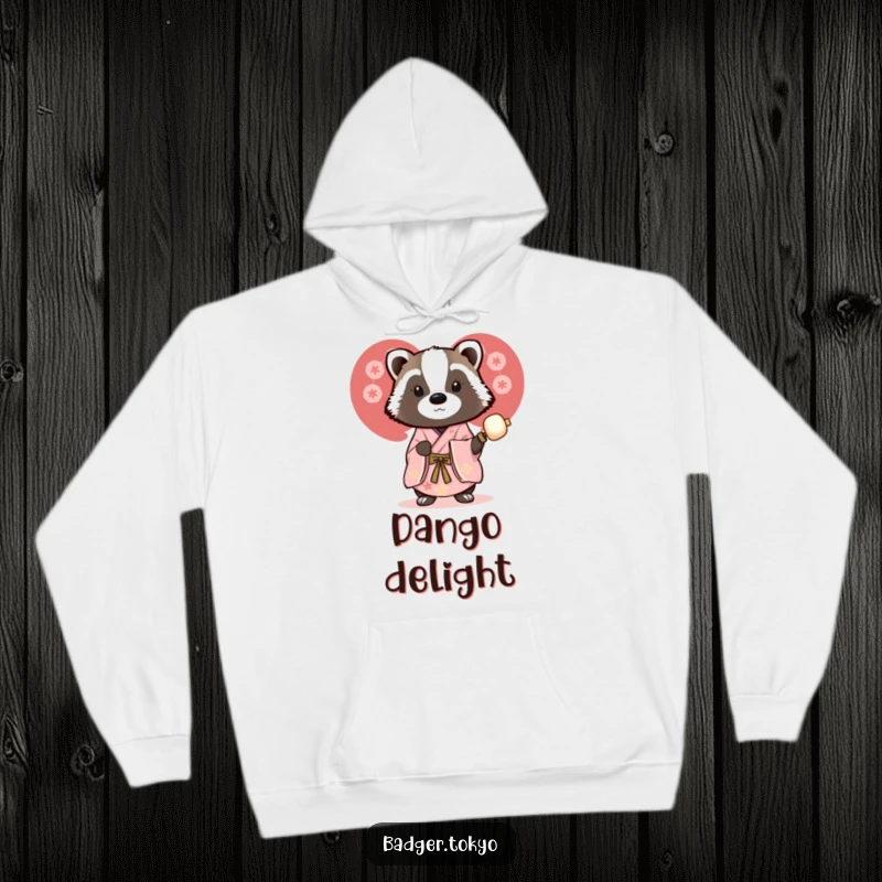Funny hoodie with a badger in a beautiful kimono holding a dango skewer, offering warmth and a humorous appreciation for snacks.