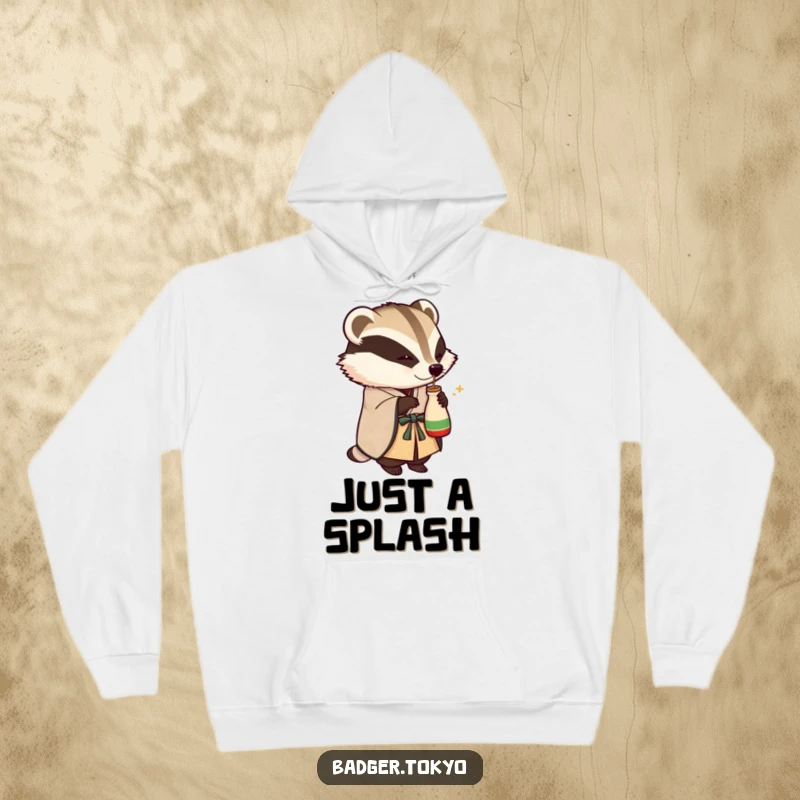 Funny hoodie with a badger in an ornate kimono playfully tipping a small sake flask, offering warmth and a humorous celebratory spirit.