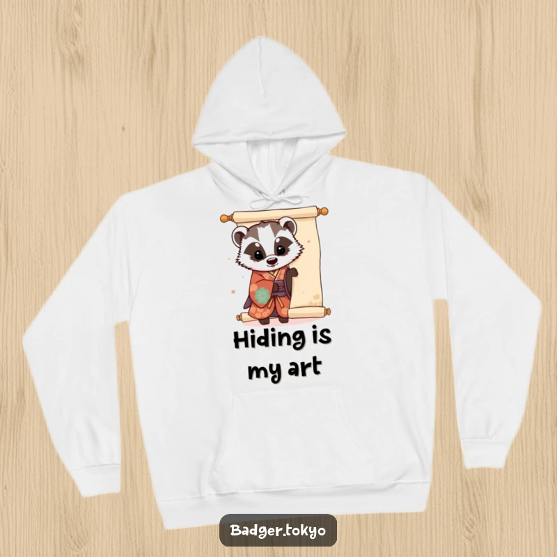 Funny Kawaii badger in vibrant kimono peeking from behind a big scroll, a humorous and cozy addition to any wardrobe.