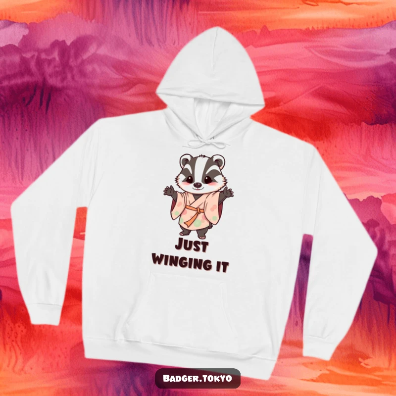 Funny hoodie with a badger in a flowing kimono striking a playful, wobbly pose, offering warmth and humorous, carefree vibes.