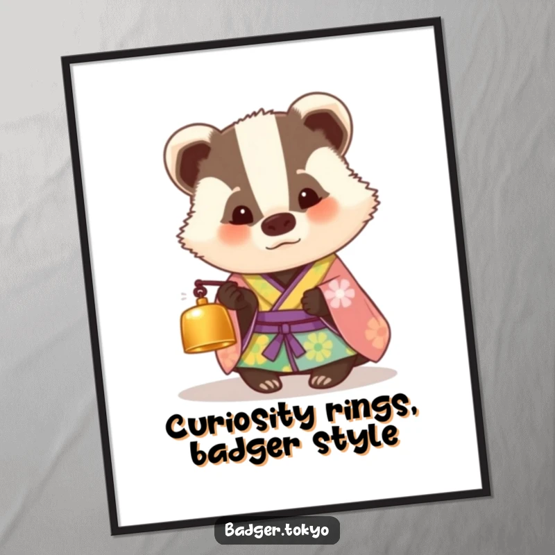 Funny Free Printable Wall Art: A badger in a colorful kimono curiously stares at a tiny bell, captivated.