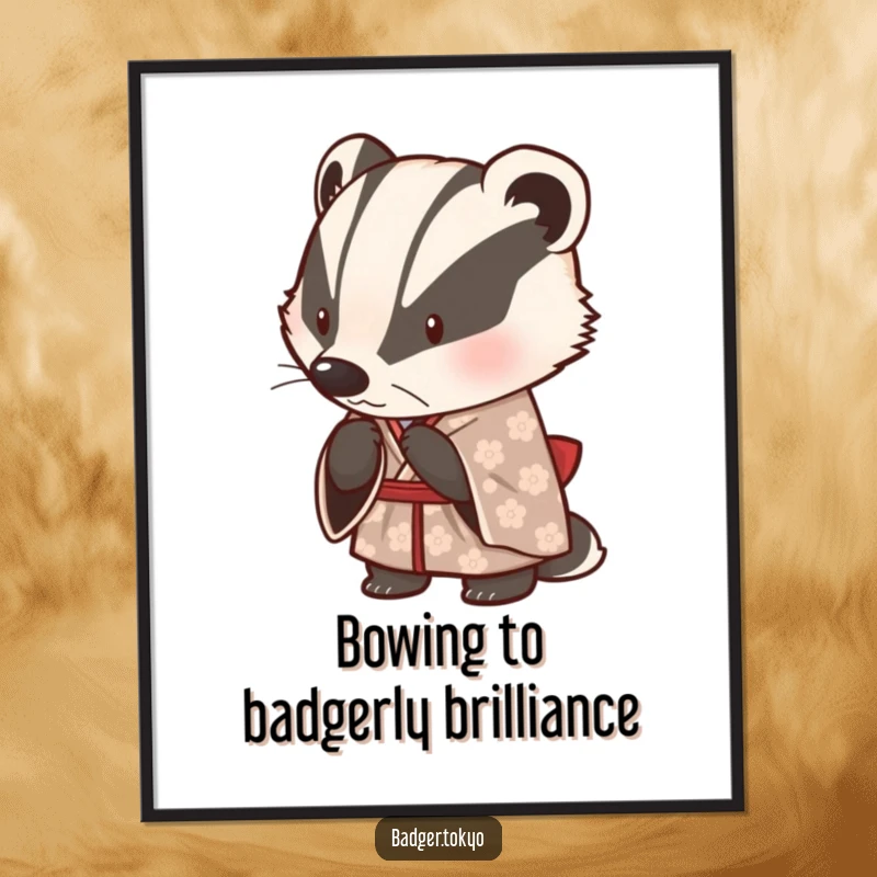 Funny Free Printable Wall Art: A cute badger in a patterned kimono is captured mid-bow, exuding politeness and warmth.