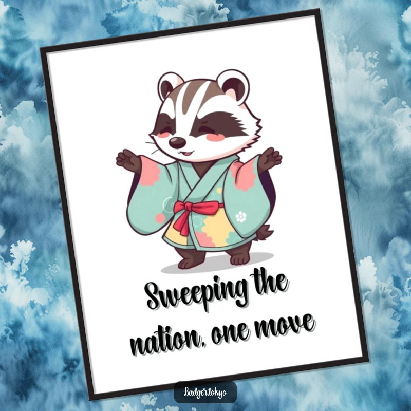 Funny Free Printable Wall Art: Kawaii badger in a vibrant kimono performing a gentle, sweeping motion, graceful design.