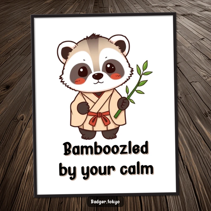 Funny Free Printable Wall Art: A calm Kawaii badger in a simple kimono holding a single bamboo stalk, tranquil design.