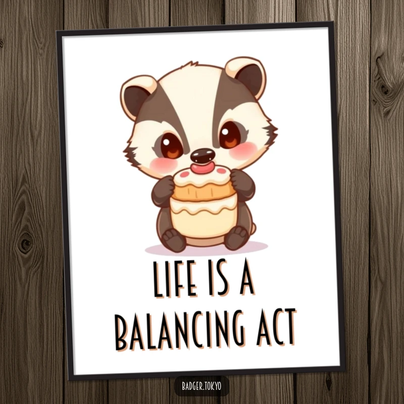 Funny Free Printable Wall Art of a curious badger with wide eyes carefully balancing a small, delightful cake.