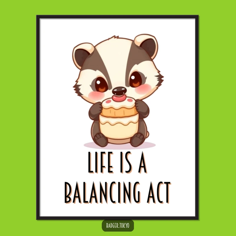 Funny Free Printable Wall Art: Curious Badger Balancing Cake, Whimsical Downloadable Decor