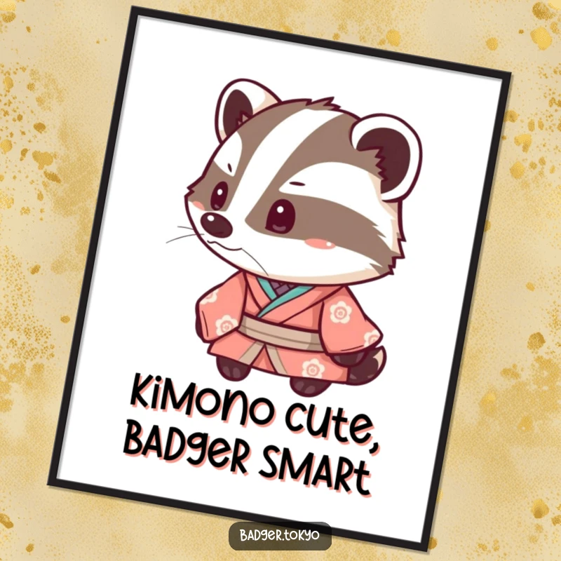 Funny free printable wall art depicting a kawaii badger in a colorful kimono, curiously tilting its head, bringing charm to any room.