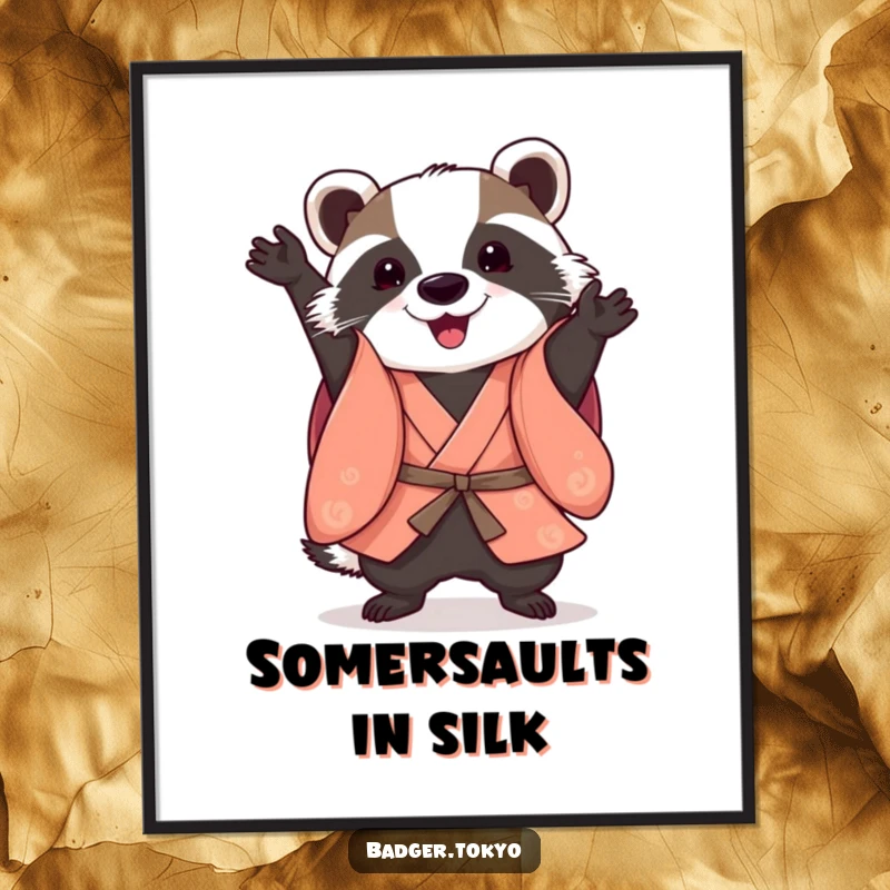Funny free printable wall art depicting a badger in a smart kimono performing a playful somersault, adding a touch of dynamic humor.