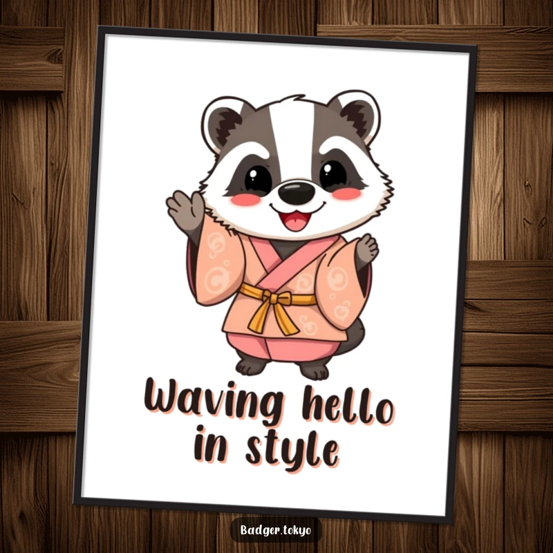 Funny free printable wall art of a happy badger in a brightly colored kimono, offering a warm and friendly wave to brighten your day.