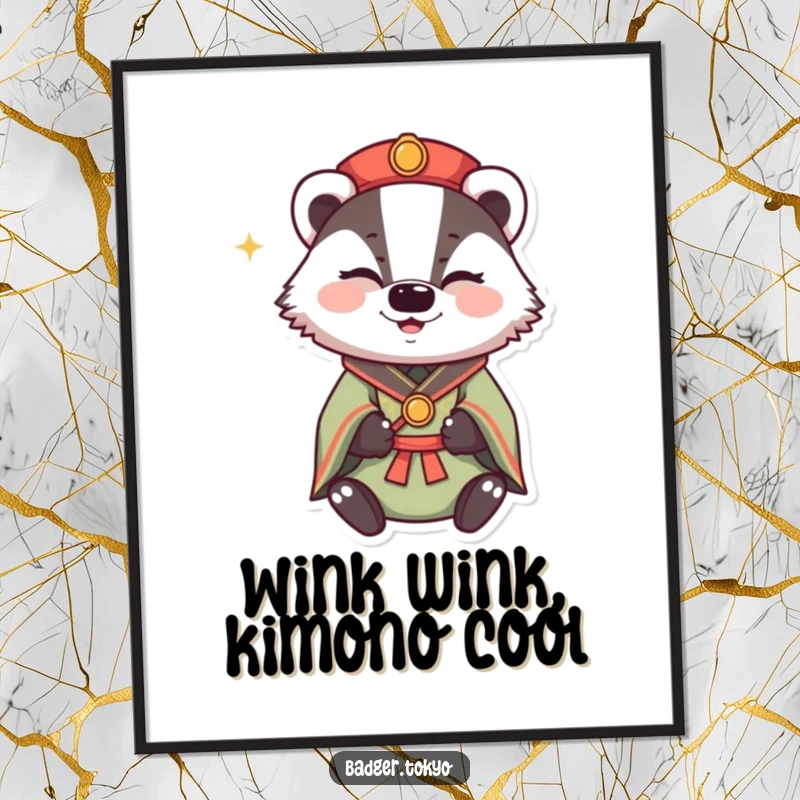 Funny free printable wall art depicting a badger in traditional attire, winking with a happy sparkle, adding a touch of sly humor.