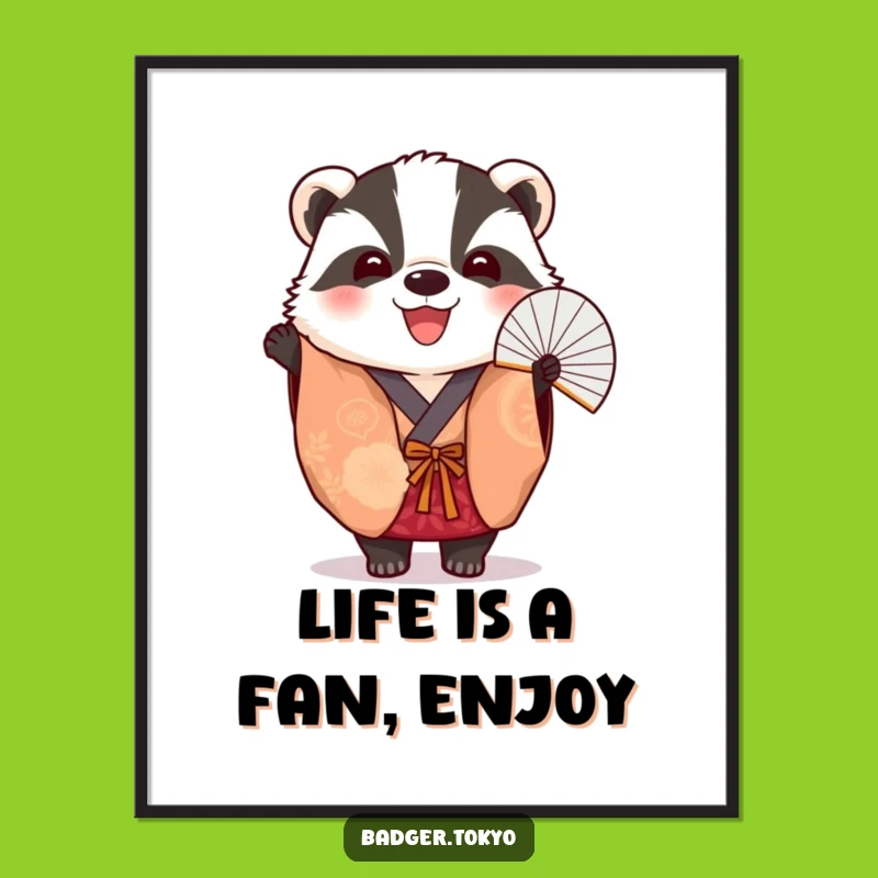 Funny Free Printable Wall Art: Badger in Vibrant Kimono with Fan, Festive Downloadable Decor