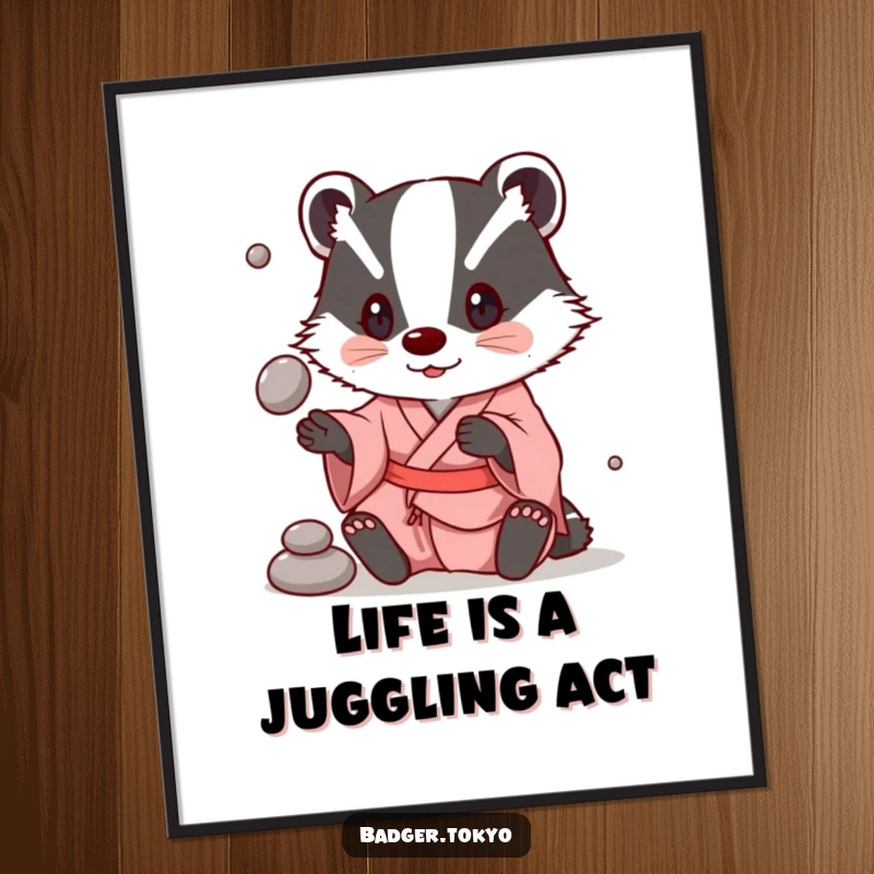 Funny Free Printable Wall Art of a badger in a simple kimono playfully juggling smooth stones, adding a touch of delightful mischief.