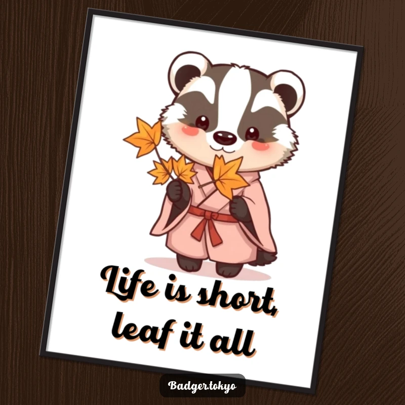 Funny Free Printable Wall Art of a badger in a simple kimono holding an elegant maple leaf, bringing zen and humor to any room.
