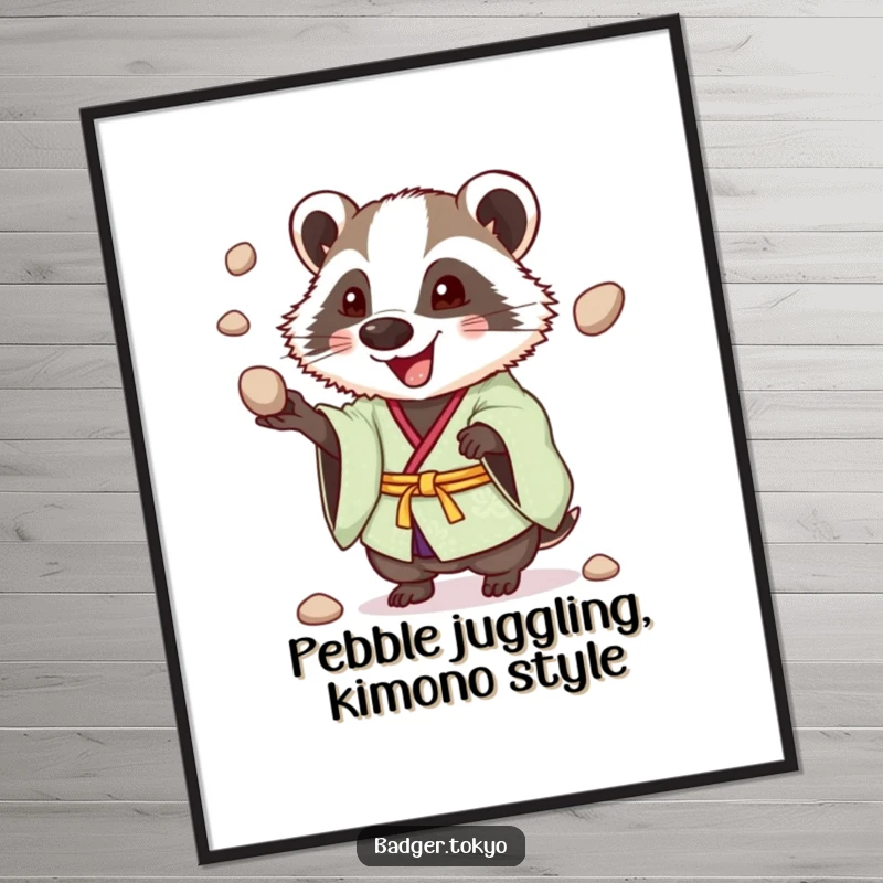 Funny free printable wall art of a badger in a cheerful kimono, gleefully juggling pebbles, adding a splash of fun to your space.