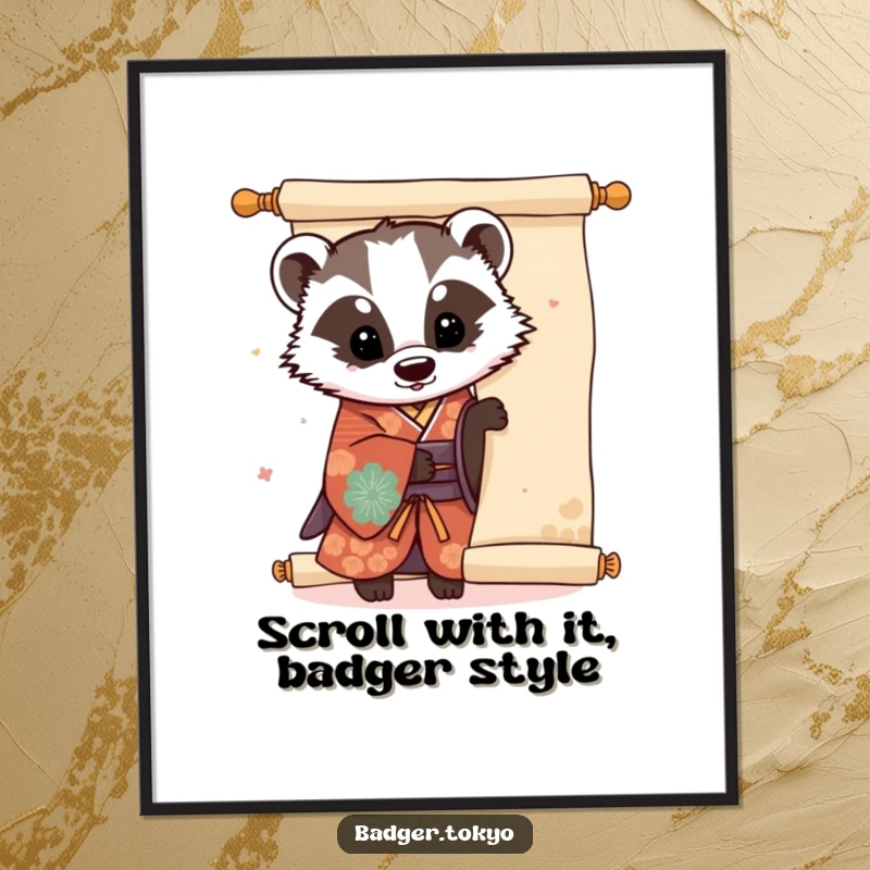 Funny Free Printable Wall Art: Kawaii badger in a colorful kimono peeking playfully from a large scroll, whimsical design.